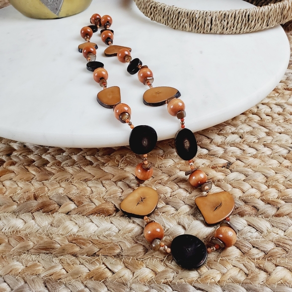 Vintage Boho long petrified chunky wood bead slice necklace - Picture 3 of 14